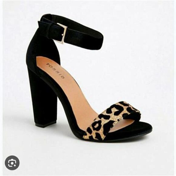 Torrid Black Velvet Ankle Strap Heels & Gold Glitter Leopard Print Peep Toe, 10W - Picture 2 of 11